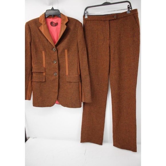 ETRO pant suit women's 44 32x33 two piece tweed silk trim brown wool blend - Picture 2 of 16
